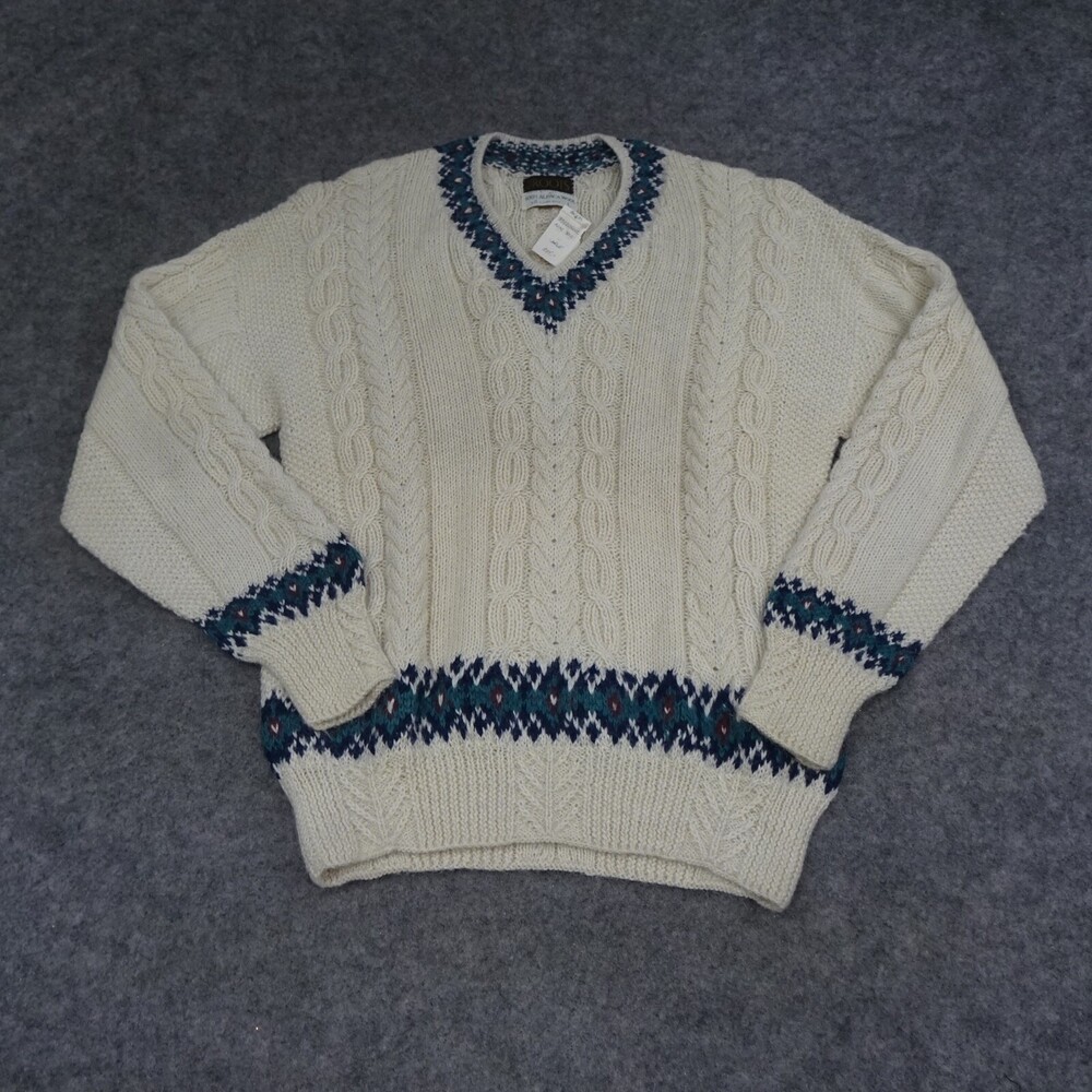Vintage Roots Sweater Mens Large L Beige Cable Hand Knit Alpaca Wool V Neck NOS